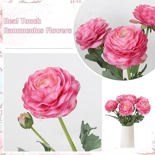 6PCS Pink Ranunculus Artificial Flowers Real Touch Peonies Fake Ranunculus Stems for DIY Wedding Bouquet Party Table Home Decor(Deep Pink)