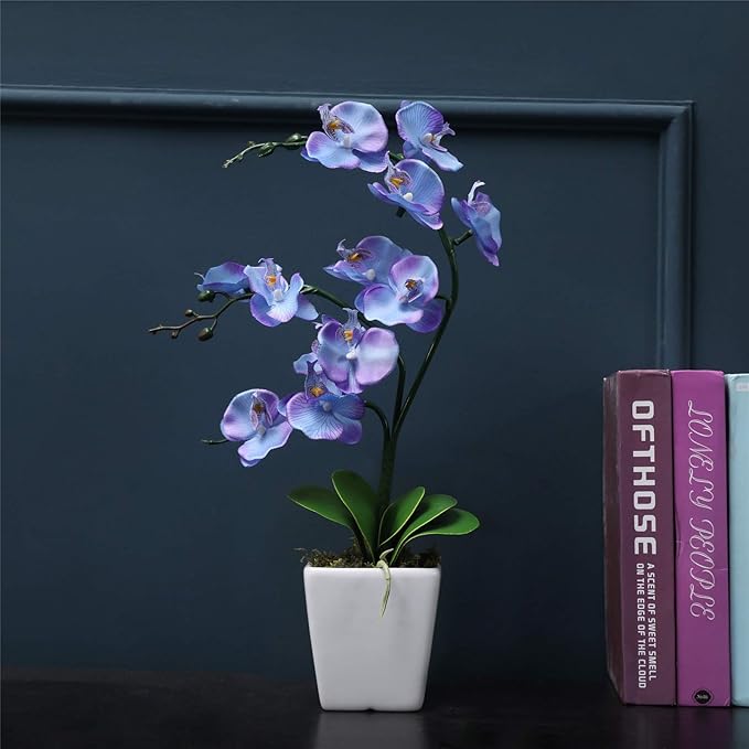 15" Tall Artificial Silk Phalaenopsis Orchid Flower Plant Pot Arrangements (Purple Blue)