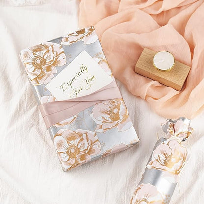 WRAPAHOLIC 30 Inch Reversible Floral Wrapping Paper - 30 Inch X 33 Feet - Sliver Flower Wrapping Paper for Wedding, Birthday, Valentines' Day, Baby Shower, Anniversary, Bridal Shower
