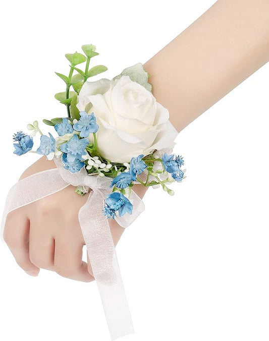 White& Blue Rose Wrist Corsages Wristlet Band Bracelet for Wedding Set of 6 Ivory Eucalyptus Wrist Flower Wristband Hand Flower for Bride, Bridesmaid, Mother of Bride, Prom Party