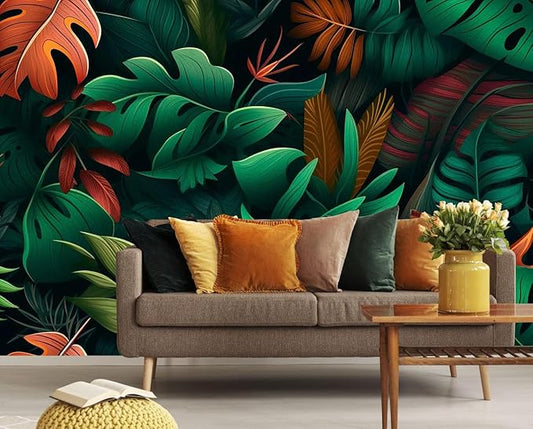 Colorful Tropical Flowers and Leaves Seamless Pattern Mural, Fresh and Unique Background Wall Decorations（Non-self-Adhesive）