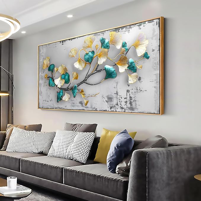 Wall Art Ginkgo Leaf Modern Botanical Artwork Canvas Painting for Living Room Bedroom Dining Room Home Office Decor 30"x60" with Framed