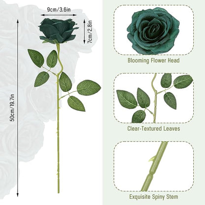 Waipfaru 16 Pcs St Patricks Day Roses, Long Stem Fake Roses Artificial Flowers, Silk Flowers for Valentines, Roses Bouquet Peacock Green Home Decor
