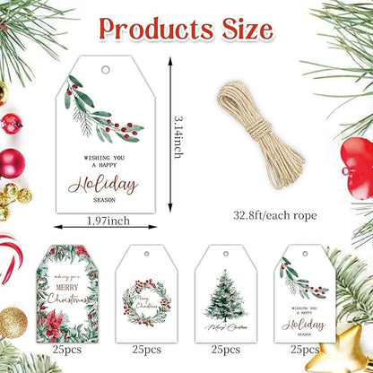 100 Pcs Christmas Paper Gift Tags Watercolor Plants Xmas Winter Seasonal Wishes Hanging Label Tags with Hemp Rope for Xmas Holiday Gift Wrapping DIY Crafts, 4 Designs