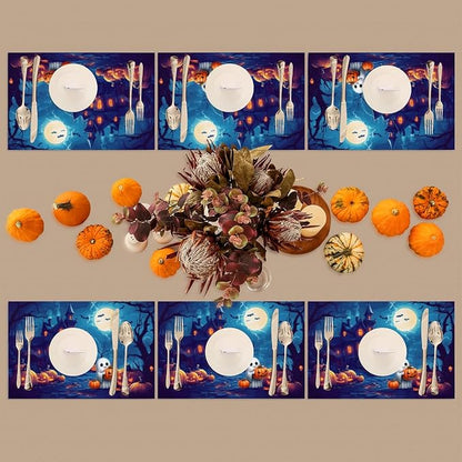 Halloween Cute Ghosts Pumpkin Placemats Set of 4 PVC Vinyl Non Slip Table Mats Heat Resistant Place Mats Washable Wipeable Dining Table Mat for Kitchen Decor Party Indoor Outdoor Decorative Gift
