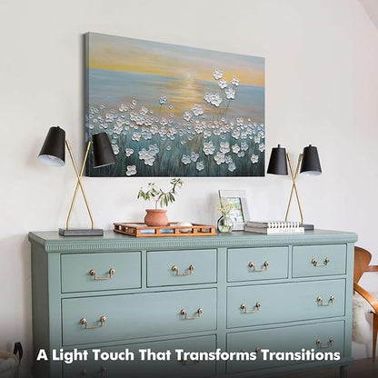 JUHOME Vintage Hand-Painted Thick Texture 3D White Flowers Abstract Oil Painting on Canvas Wall Art,Horizontal Sunset Beach Art Decor for Home Office Hall Wall Decorative,36x24