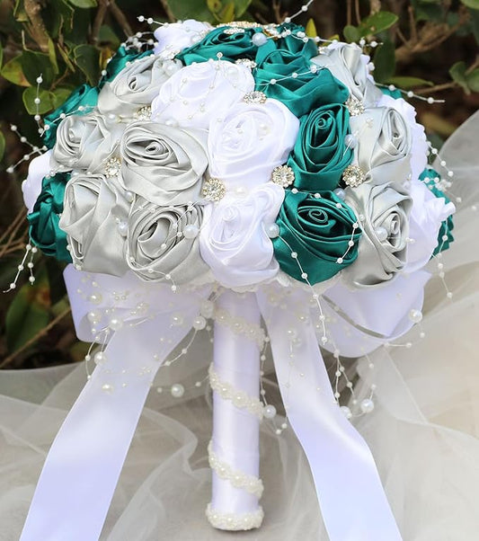 Bridal Wedding Bouquet Round Bling Brooch Bouquet Throw Toss Artificial Rose Flower Bunch for Bride Bridesmaid Wedding Quinceanera(Dark Green, Silver & White, 6.3")