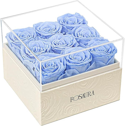 Rosaura Square Preserved Roses Gift Box - Real Forever Flowers in Clear Acrylic Lid, Valentine's for Women (Sky Blue, 9 Roses)