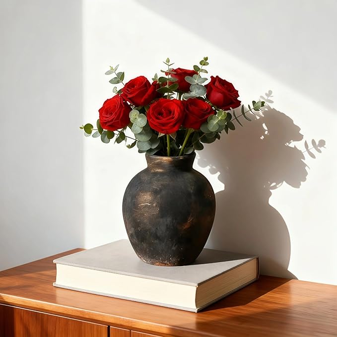 Ceramic Vase, 6 inch Minimalist Rustic Farmhouse Terracotta Vase for Home Decor, Table, Living Room, Entryway, Shelf, Mantel Decoration (Black)