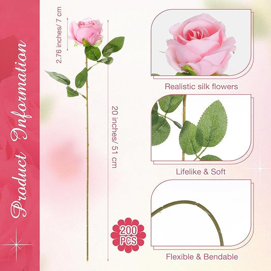 Lyrow 200 Pcs Artificial Roses Realistic Flowers Bulk Real Looking Fake Silk Rose Bouquets with Long Stem Flowers for Wedding Table Centerpieces Bridal Shower Party Home Garden Decor (Pink)