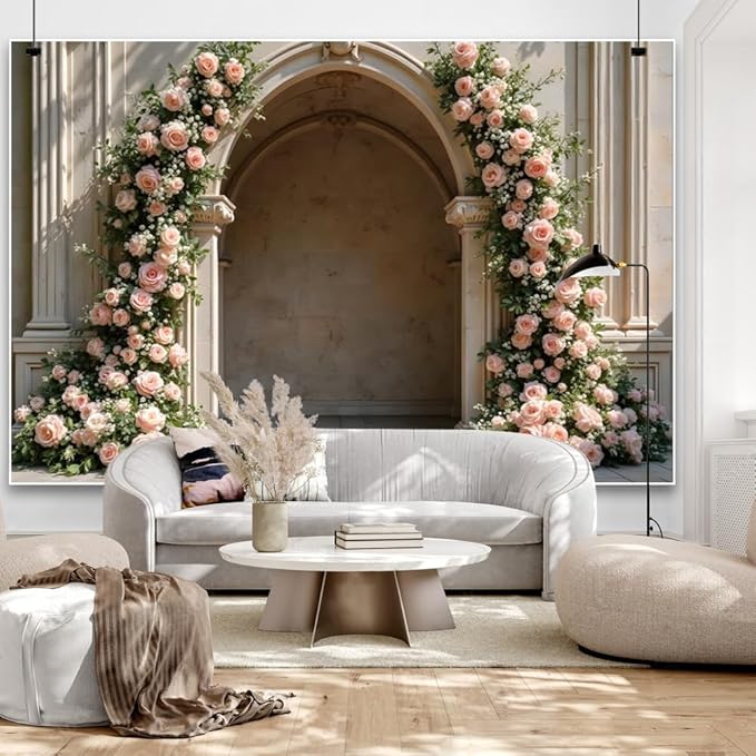 7x5ft Retro Pink Roses Flowers Backdrop Spring Blooming Floral Arch Old Palace Wall Background for Wedding Mothers Day Valentines Day Bridal Birthday Princess Couples Women Portraits