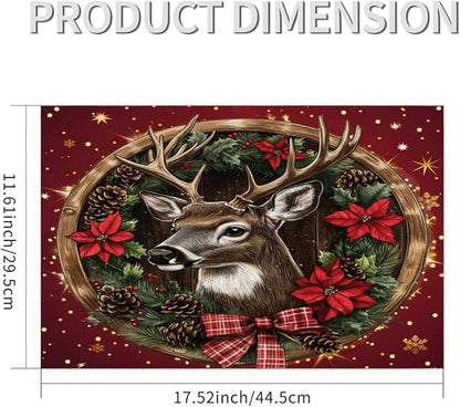 Xmas Christmas Reindeer Poinsettia Red Placemats Set of 4 PVC Vinyl Non Slip Table Mats Heat Resistant Place Mats Washable Wipeable Dining Table Mat for Kitchen Party Indoor Outdoor Decorative Gift
