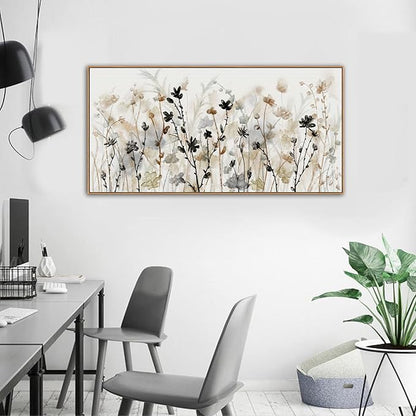 Framed Flower Canvas Wall Art Blossom Canvas Pictures Abstract Grey Cream Brown Landscape Artwork Canvas Prints for Home Living Room Bedroom Kitchen Office Wall Decor Ready to Hang 24"x 48"