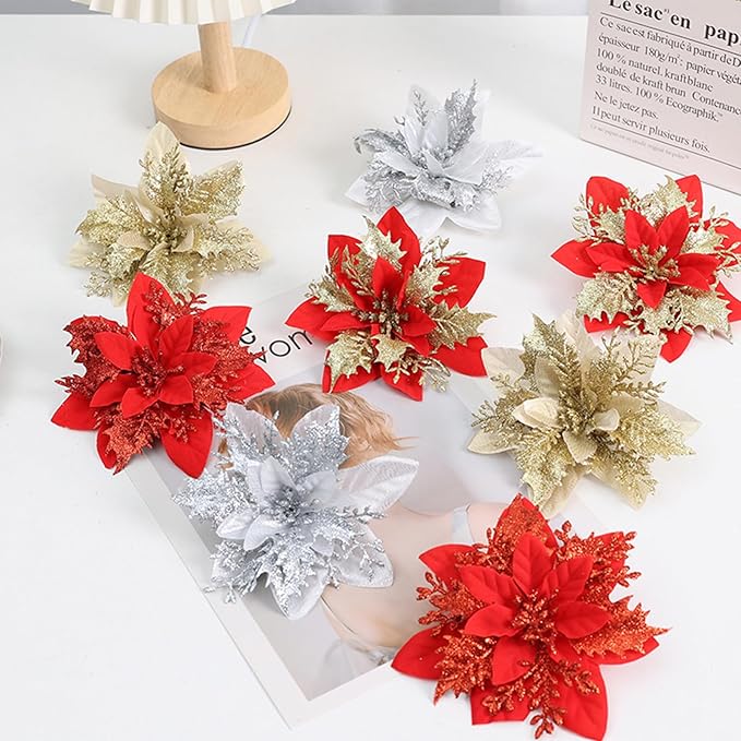12 PCS Poinsettia Flower Artificial Gold Christmas Flowers Artificial 5.5'' Glitter Poinsettias Artificial Christmas Tree Flower with Clips DIY Xmas Wreath Holiday New Year Home Party Decor