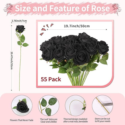 52 PCS Black Roses Artificial Flowers, Fake Roses Bouquet, Artificial Black Rose with Stems for Wedding Flowers Decoration, Valentines Day Mothers Day, Bridal Bouquet Rose