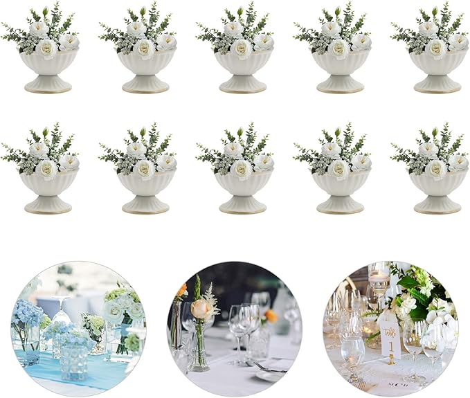 White Flower Arrangements Pot Vase for Wedding Centerpieces Table， 10 Pcs Small Metal Flower Planter Urn Vase Pot，for Home Wedding Party Christmas (10PCS, White)