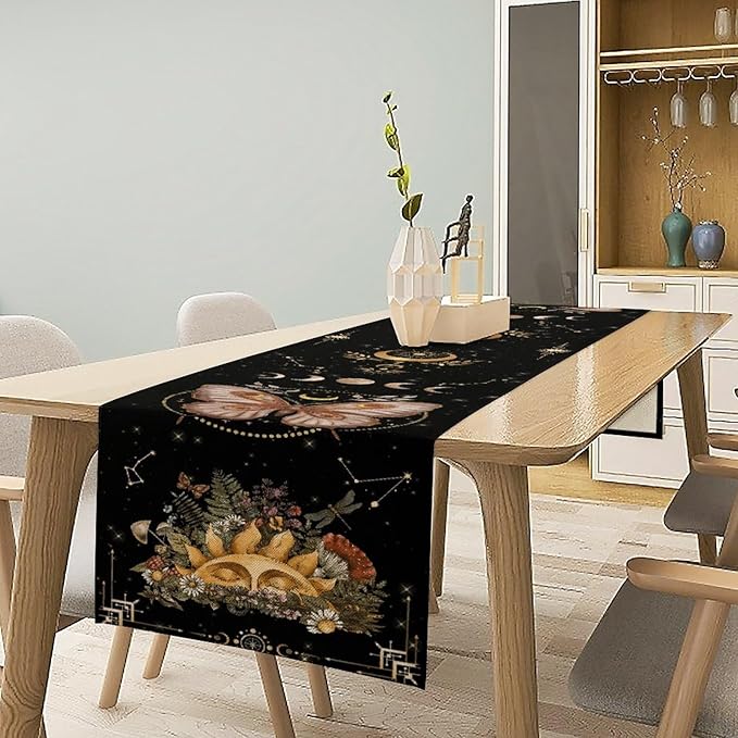 Gothic Moth Table Runner, Boho Gothic Sun Moon Phase Wildflower Mystical Witchy Farmhouse Coffee Table Center Decor for Home Kitchen Dining Patio Holiday Party Table Decorations 13x90 inches