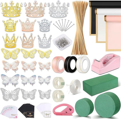 Majreey Floral Wrapping Paper Kit, 60Sheet Waterproof Floral Paper, 3Rolls Ribbon for Flower Bouquet, 2Rolls Transparent Tape,100Pcs Flower Pins, 48Pcs 3D Butterflies, 9Pcs Crowns 3 Floral Foam Blocks