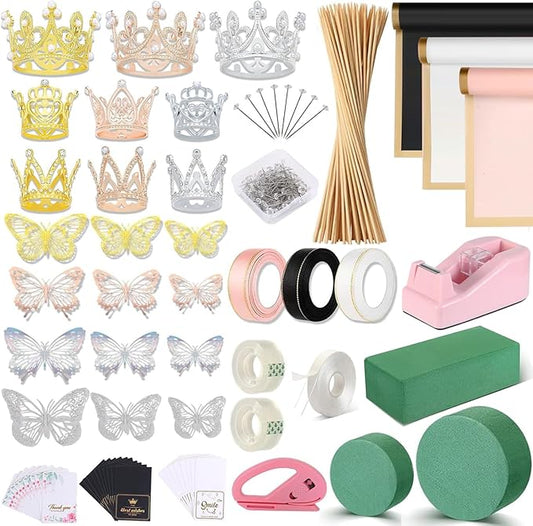 Majreey Floral Wrapping Paper Kit, 60Sheet Waterproof Floral Paper, 3Rolls Ribbon for Flower Bouquet, 2Rolls Transparent Tape,100Pcs Flower Pins, 48Pcs 3D Butterflies, 9Pcs Crowns 3 Floral Foam Blocks