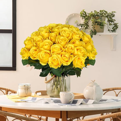 30pcs Fake Roses Artificial Silk Flowers Long Stems Bouquet for Wedding Bridal Shower Party Home Decoration (Yellow)