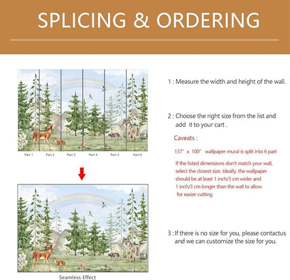 Forest Animals Kids Wallpaper Peel and Stick Nursery Pine Tree Self Adhesive Wall Mural for Children's Room Bedroom 137"x100"