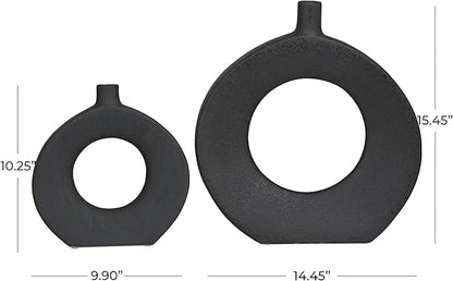 CosmoLiving by Cosmopolitan Ceramic Decorative Vase Round Donut Shaped Centerpiece Vases, Set of 2 Flower Vases for Home Decoration 15", 10"H, Black