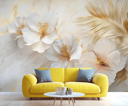 White Flowers Marble Wall Mural, Luxury Floral 3D Wall Murals, Elegant Gold Leaf Design Wallpaper Mural, for Living Room Bedroom Large Wallpaper Indoor Decor 169.3" W x118.2 H