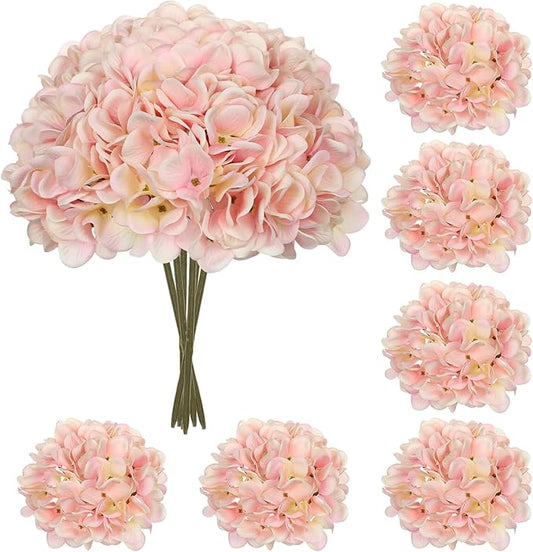 Hollyone 6 Pcs Light Pink Hydrangea Artificial Flowers Heads with Stems Silk Faux Hydrangea Pink Fake Flowers for Home Indoor Outdoor DIY Floral Wedding Flower Bouquets Kitchen Table Centerpiece Decor