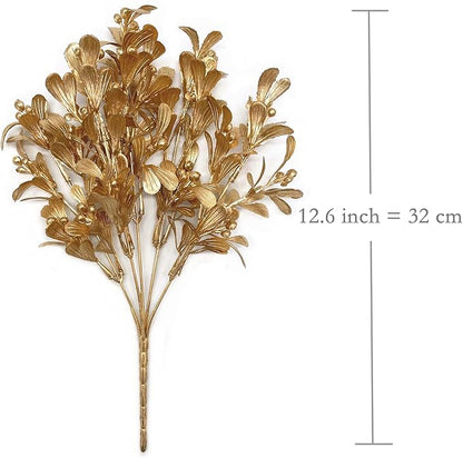 PASYOU Fake Plants Christmas Decorations, Golden Artificial Flowers Plastic Grass Shrubs Leaves Indoor Outdoor Home Garden Party Hotel Verandah Wedding Event Bouquet Faux DIY Decor - Gold 4 Pack