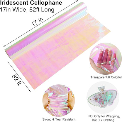 SYOGUA 82 Ft x 17 In Cellophane Roll Extra Wide Iridescent Cellophane Wrap Gift Baskets Wrapping Plastic for Basket, Treats, DIY Crafts, Birthday Gifts