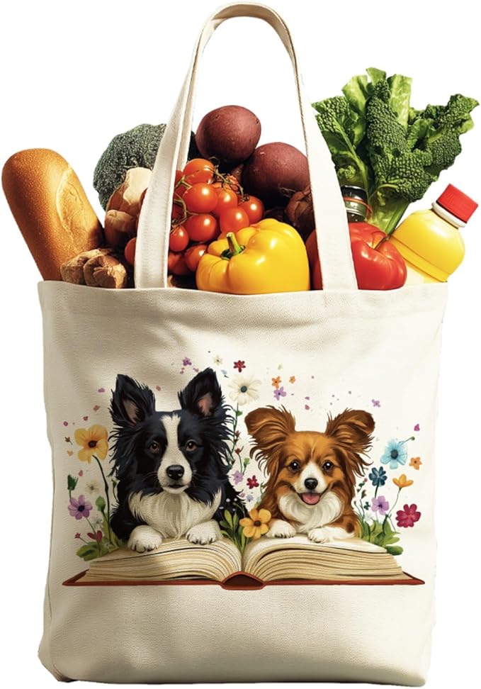 ANATTASOUL Canvas Tote Bag Cute Dog and Flowers Reusable Cotton Bag for Women, Durable Cloth Shoulder Bags with Zipper Pockets for Shopping, Vacation, Work, Gym