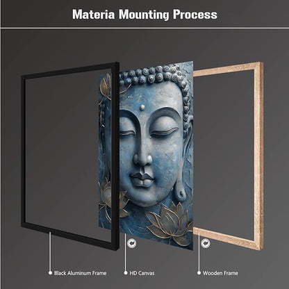 Canvas wall art Golden lotus crown Serene Buddha poster Ethereal blue toned art with delicate floral decor Zen wall art for a tranquil meditation space 8x12in Metal blackFramed