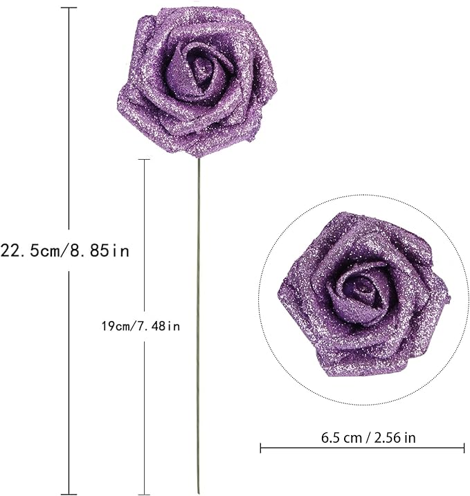 IPOPU Glitter Flowers,25PCS Light Purple Glitter Roses Fake Roses Artificial Flowers for Cake Wedding Bouquet Home Party Decoration(Lilac)