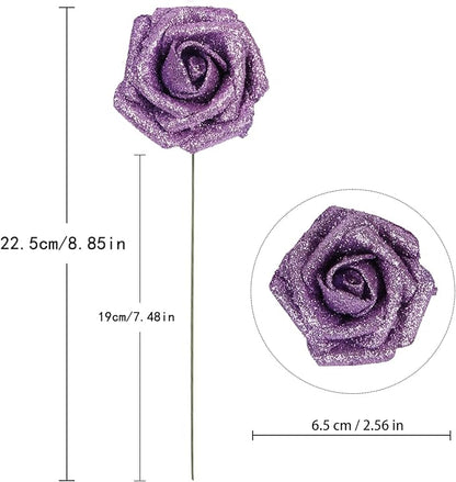 IPOPU Glitter Flowers,25PCS Light Purple Glitter Roses Fake Roses Artificial Flowers for Cake Wedding Bouquet Home Party Decoration(Lilac)