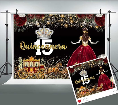 Red Dress Rose Flower Backdrops, Quinceanera Birthday Backdrop for Girl Princess Happy 15th Bday Carriage Photography Props, Cake Table Banner 5x3ft BJLSLU314