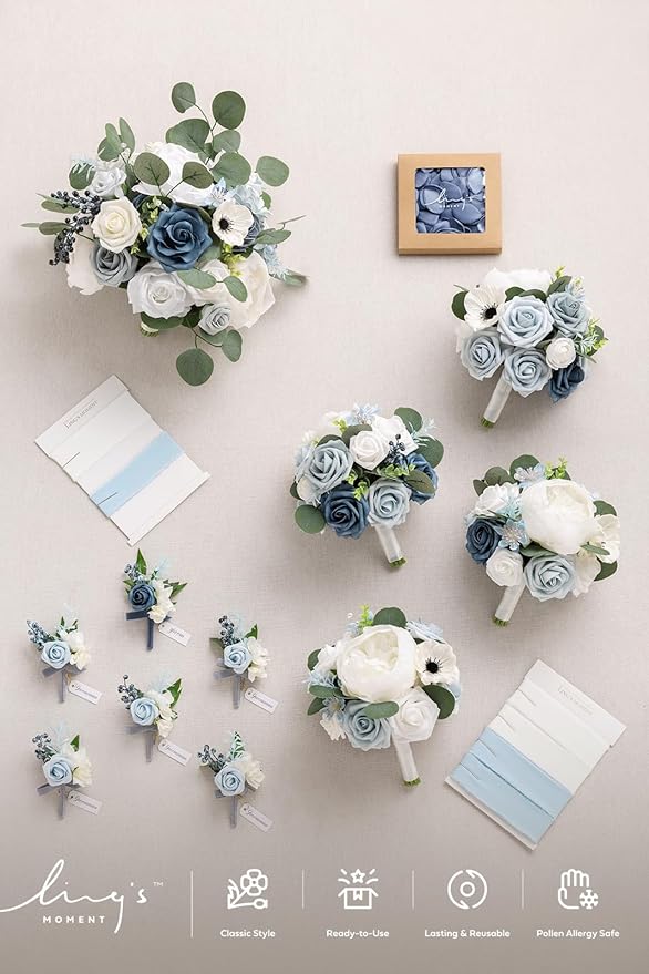 Ling's moment Wedding Artificial Flowers Package, Bridal Bouquet, Bridesmaid Bouquets, Boutonniere for Men, Rose Petals.Blue