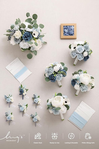 Ling's moment Wedding Artificial Flowers Package, Bridal Bouquet, Bridesmaid Bouquets, Boutonniere for Men, Rose Petals.Blue