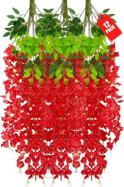 12 Pack Red Wisteria Hanging Flowers, 3.44 Ft Fake Hanging Flowers, Artificial Wisteria Garland Vines for Wedding Room Backdrop Outdoor Patio Garden Decoration