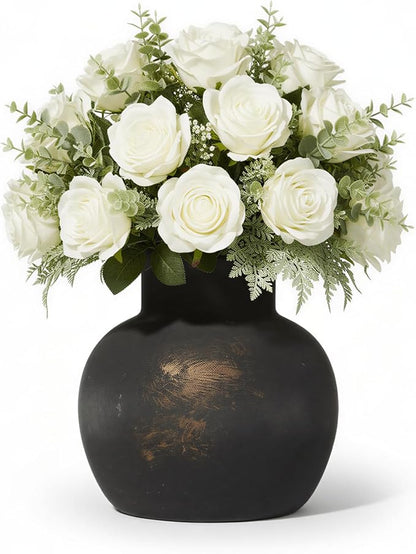 Ceramic Flower Vase, 5.5-Inch Black Pottery Rustic Farmhouse Boho Vase, Handcrafted Decorative Vase for Home Decor, Centerpieces, Table, Living Room, Mantel, Shelf