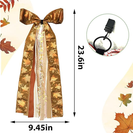 Large Maple Leaf Ribbons Bow for Wreath, Orange Glitter Dot Fabric Ribbons Set Assorted Leaf Lace Ribbon Stripe Clip-On Wreath Sash Ribbon Bundle for Fall Thanksgiving Home Indoor Outdoor Decor