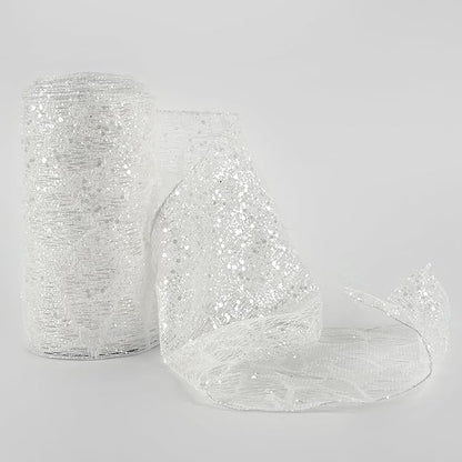 MEEDEE 6 Inch Wide Wired Ribbon White Glitter Mesh Web Wired Edge Ribbon by 10 Yards Roll White Mesh Wired Ribbons for Christmas Tree, Garland, Holiday Crafts, Bows, Centerpiece, Gift Wrapping