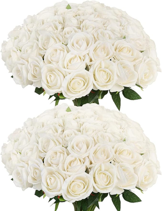 LFF 50 Pcs Realistic White Artificial Roses - Premium Velvet Faux Flowers for Wedding Bouquet, Centerpieces, Home & Party Decoration(White)