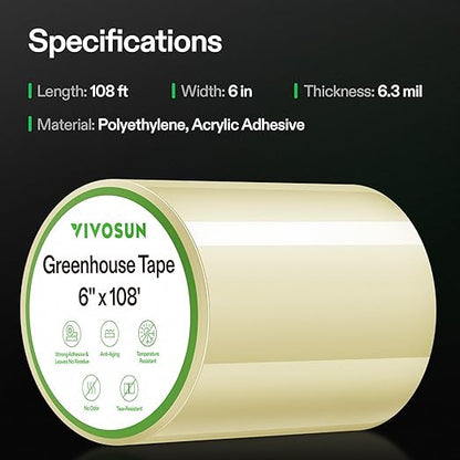 VIVOSUN Greenhouse Repair Tape, 6.3 mil 6" x108' Weatherproof Clear Poly Patch Tape, Heavy Duty Greenhouse Sheeting Coverings Film Tape for Plastic Sheeting and Tents