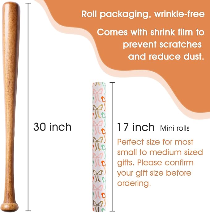 Afucus Reversible Bow Wrapping Paper, Wave point Themed Gift Wrapping Paper, Cute Mini Rolls for Girls, Women, Valentine's Day, Birthday, Mother's Day, Wedding, Baby Shower (17 Inch X 33 Feet)