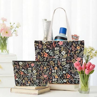 Aesthetic Floral Tote Bag Makeup Bag Flower Decor Gifts for Girls Christmas Shopping Grocery Bags Cosmetic Bags