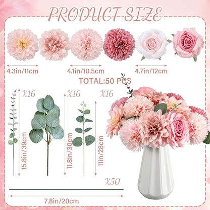 98 Pcs Assorted Faux Flowers Heads with Stem Eucalyptus Leaves Silk Artificial Flowers Bouquet Floral Table Centerpieces for DIY Wedding Party Wreath Home Decoration(Pink,Delicate Style)