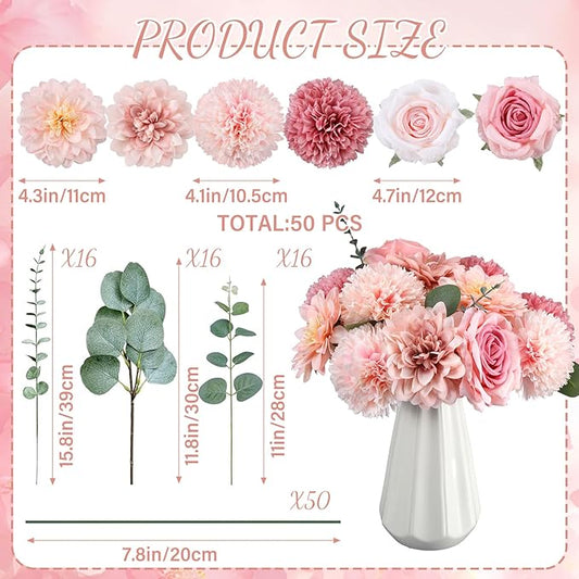 98 Pcs Assorted Faux Flowers Heads with Stem Eucalyptus Leaves Silk Artificial Flowers Bouquet Floral Table Centerpieces for DIY Wedding Party Wreath Home Decoration(Pink,Delicate Style)
