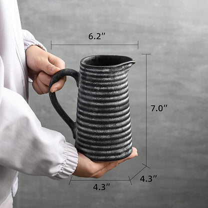 Quoowiit Ceramic Rustic Vase with Handle, Black Distressed Decorative Farmhouse Pitcher Vase for Home Decor Living Room Bedroom Kitchen Office Shelf Decor Centerpiece Table Decoration