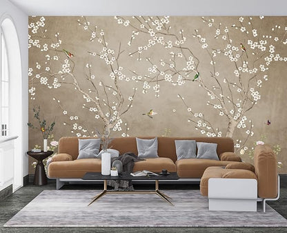 Plum Blossom Flower Bird Chinoiserie Wall Mural Wallpaper for Bedroom 137" x 100"