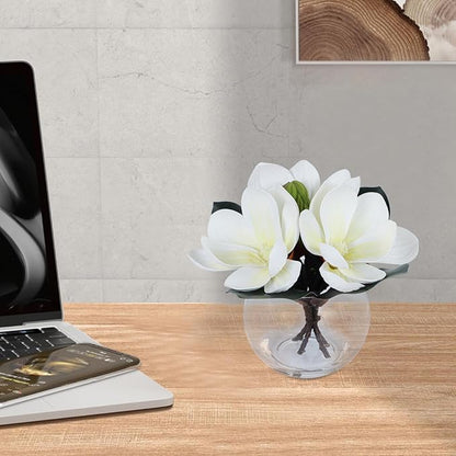 Artificial Magnolia Flower in Glass Vase, Fake Flowers with Faux Water for Realistic Look, Small Potted Plant for Home Desk, Bathroom, Office Shelf Table Centerpiece Decor(White)